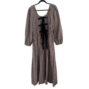 Damson Madder Dakota Bow Gingham Puff-Sleeve Midi Dress UK 16